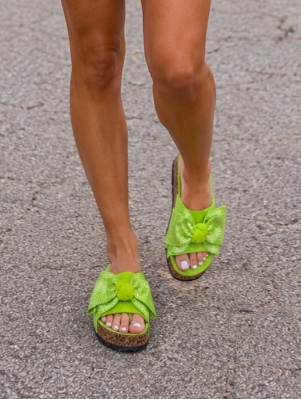 Forever Lime Green Rhinestone Bow Slide Sandals Cork Footbed Size 10